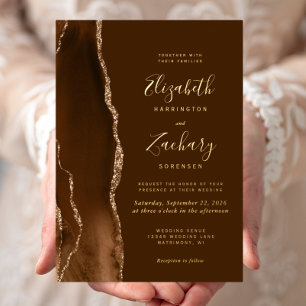 Invitación Con Relieve Metalizado Boda Marrón Ágata Dorada Mocha Moderna