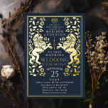 Invitación Con Relieve Metalizado Boda medieval de la Marina Real de León<br><div class="desc">Celebre su día especial con este diseño de Boda de espadas medievales del León Real. Este diseño presenta un marco con dos leones y flores. El dorso de este producto está impreso en colores planos y NO es un Relieve metalizado real.</div>