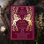 Invitación Con Relieve Metalizado Boda medieval del León Real<br><div class="desc">Celebre su día especial con este diseño de Boda de espadas medievales del León Real. Este diseño presenta un marco con dos leones y flores. El dorso de este producto está impreso en colores planos y NO es un Relieve metalizado real.</div>