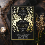 Invitación Con Relieve Metalizado Boda medieval del León Real Negro<br><div class="desc">Celebre su día especial con este diseño de Boda de espadas medievales del León Real. Este diseño presenta un marco con dos leones y flores. El dorso de este producto está impreso en colores planos y NO es un Relieve metalizado real.</div>
