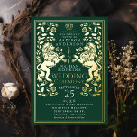 Invitación Con Relieve Metalizado Boda medieval del León Real Verde<br><div class="desc">Celebre su día especial con este diseño de Boda de espadas medievales del León Real. Este diseño presenta un marco con dos leones y flores. El dorso de este producto está impreso en colores planos y NO es un Relieve metalizado real.</div>