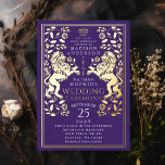 Invitación Con Relieve Metalizado Boda medieval Purple Royal Lion<br><div class="desc">Celebre su día especial con este diseño de Boda de espadas medievales del León Real. Este diseño presenta un marco con dos leones y flores. El dorso de este producto está impreso en colores planos y NO es un Relieve metalizado real.</div>