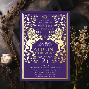 Invitación Con Relieve Metalizado Boda medieval Purple Royal Lion