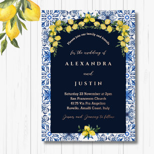 Invitación Con Relieve Metalizado Boda Mediterránea Limón Italiano Baldosa Azul