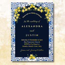 Invitación Con Relieve Metalizado Boda mediterráneo italiano Blue Tile Lemon