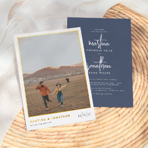 Invitación Con Relieve Metalizado Boda Mínima de Hoja Real Azul Marino Foto Boho