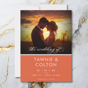Invitación Con Relieve Metalizado Boda Mínima de Naranja Atardecer Moderno con Foto