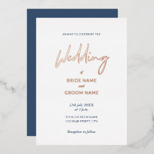 Invitación Con Relieve Metalizado Boda Minimal de Letra Script Azul Marino