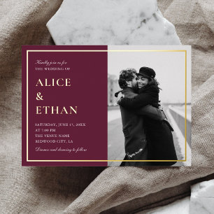 Invitación Con Relieve Metalizado Boda Minimal Elegante Foto Otoño Marsala
