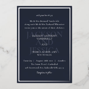 Invitación Con Relieve Metalizado Boda Minimalista audaz de Navy y Silver