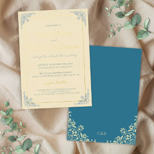 Invitación Con Relieve Metalizado Boda Minimalista Azul Polvoriento Amarillo Mantequ