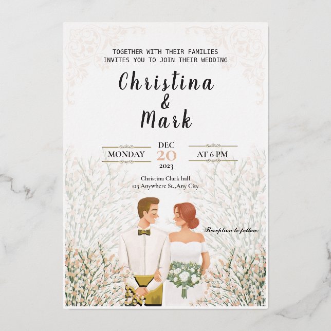 Invitación Con Relieve Metalizado Boda Minimalista blanco elegante (Anverso)