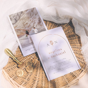 Invitación Con Relieve Metalizado Boda minimalista boho rosa arco y foto