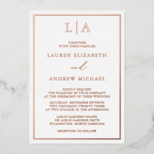 Invitación Con Relieve Metalizado Boda minimalista con borde de monograma de oro ros
