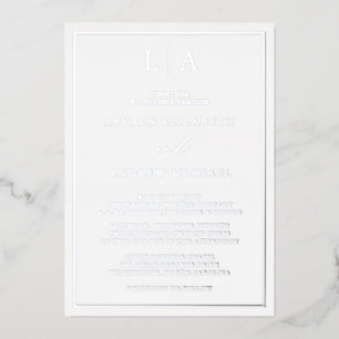 Invitación Con Relieve Metalizado Boda Minimalista con Borde de Monograma en Hoja de