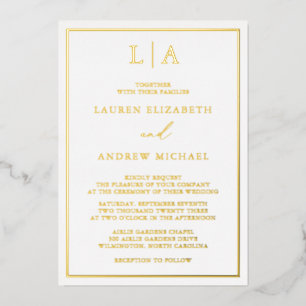 Invitación Con Relieve Metalizado Boda Minimalista con Borde de Monograma en Hoja de