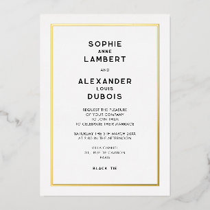 Invitación Con Relieve Metalizado Boda minimalista con borde dorado chic francés