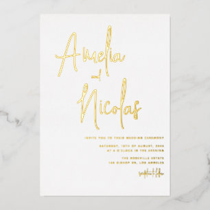 Invitación Con Relieve Metalizado Boda Minimalista con Letra Manuscrita