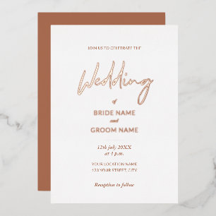 Invitación Con Relieve Metalizado Boda Minimalista con Letra Terracota