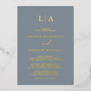 Invitación Con Relieve Metalizado Boda minimalista con monograma de oro azul polvori