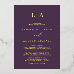 Invitación Con Relieve Metalizado Boda minimalista con monograma de oro con foil de