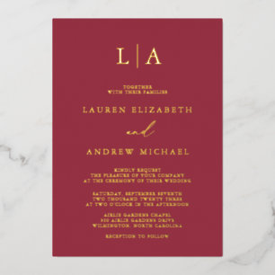 Invitación Con Relieve Metalizado Boda Minimalista con Monograma de Papel de Hojalat