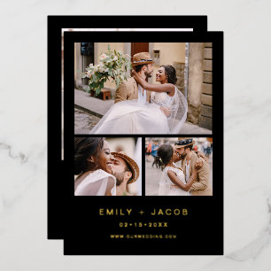 Invitación Con Relieve Metalizado Boda Minimalista Cuatro Fotos Negro Oro