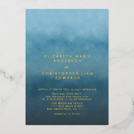 Invitación Con Relieve Metalizado Boda minimalista de acuarela de ombre azul oro