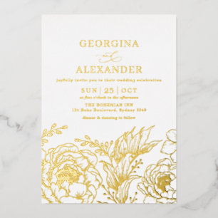 Invitación Con Relieve Metalizado Boda Minimalista de Botánica Vintage en Blanco y O