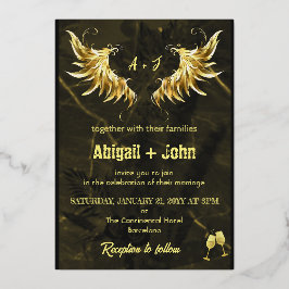 Invitación Con Relieve Metalizado Boda minimalista de hoja seca Classic Gold Wing