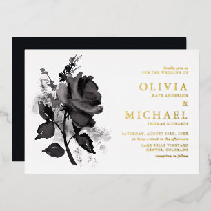 Invitación Con Relieve Metalizado Boda Minimalista de Rosa Acuarela Negra Moderna