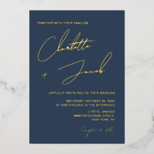 Invitación Con Relieve Metalizado Boda Minimalista Elegante con Letra Azul Marino