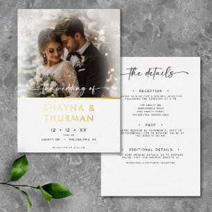 Invitación Con Relieve Metalizado Boda Minimalista Foto Escritura Negra Blanca Moder