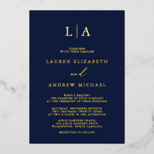 Invitación Con Relieve Metalizado Boda Minimalista Inicial Monograma de Oro y Azul M