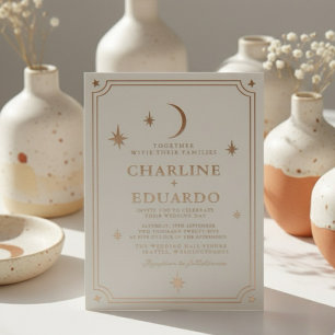 Invitación Con Relieve Metalizado Boda Minimalista Luna y Estrellas con Hoja de Oro