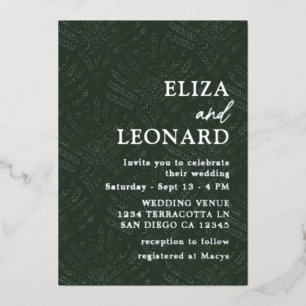 Invitación Con Relieve Metalizado Boda Minimalista Moderna con Helecho Verde Bohemio