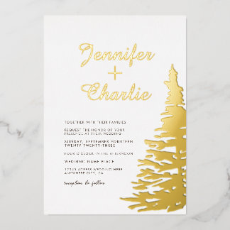 Invitación Con Relieve Metalizado Boda Minimalista Moderna de Árbol de Abeto en Oro 