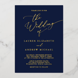 Invitación Con Relieve Metalizado Boda Minimalista Monograma con Hoja de Oro Azul Ma