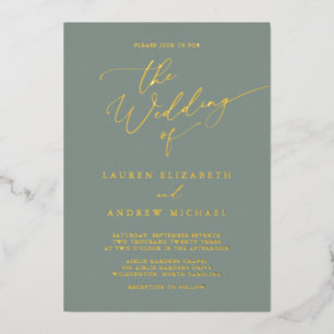 Invitación Con Relieve Metalizado Boda Minimalista Monograma con Hojas de Salvia Ver