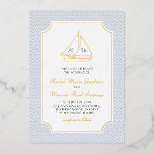 Invitación Con Relieve Metalizado Boda Minimalista Preppy de Velero Náutico