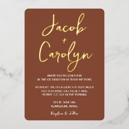 Invitación Con Relieve Metalizado Boda Minimalista Terracota y Oro
