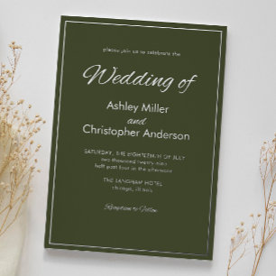 Invitación Con Relieve Metalizado Boda Minimalista Verde Ejercito con Letra Script
