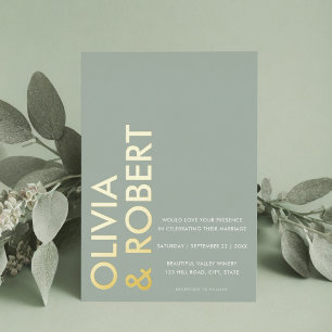 Invitación Con Relieve Metalizado Boda Minimalista Verde Sabio Moderno