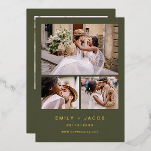 Invitación Con Relieve Metalizado Boda Minimalista Verde Salvia Cuatro Fotos Hoja de