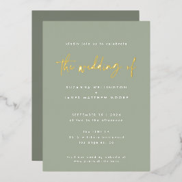 Invitación Con Relieve Metalizado Boda Minimalista Verde Salvia Escritura a Mano Dor