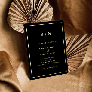 Invitación Con Relieve Metalizado Boda Minimalista y Elegante con Borde Negro   Oro
