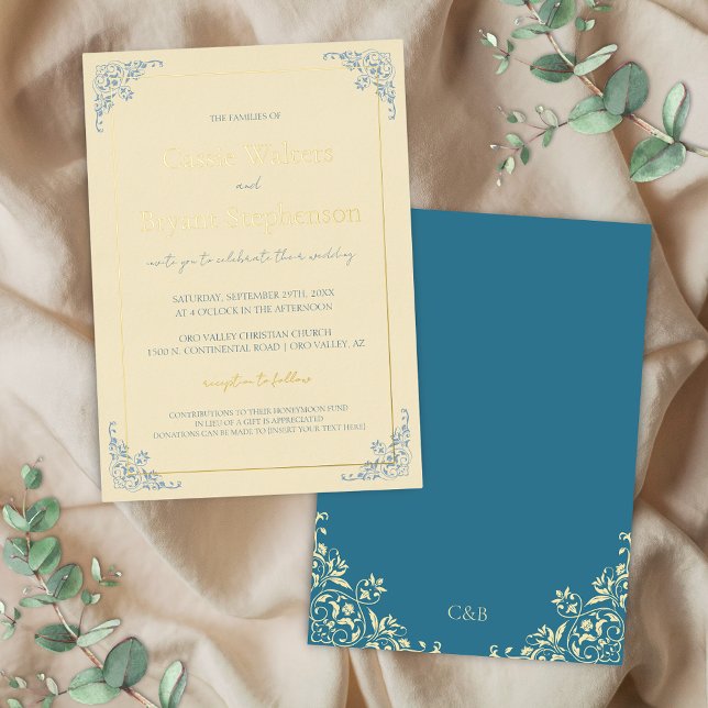 Invitación Con Relieve Metalizado Boda Mínimo Azul Polvo Pastel Amarillo Polvo (Butter yellow and blue with gold foil accents romantic wedding invitations cottage core elegant)
