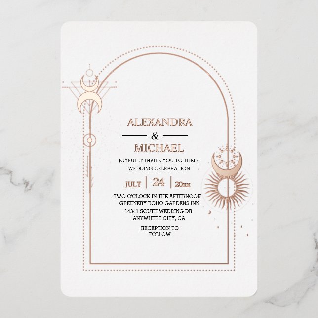 Invitación Con Relieve Metalizado Boda místico de estrellas celestes de oro negro (Anverso)