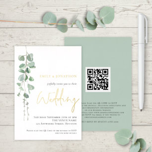 Invitación Con Relieve Metalizado Boda moderna acuarela eucalipto oro real