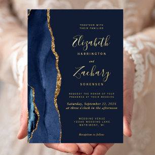 Invitación Con Relieve Metalizado Boda Moderna Ágata Azul Marino Oro